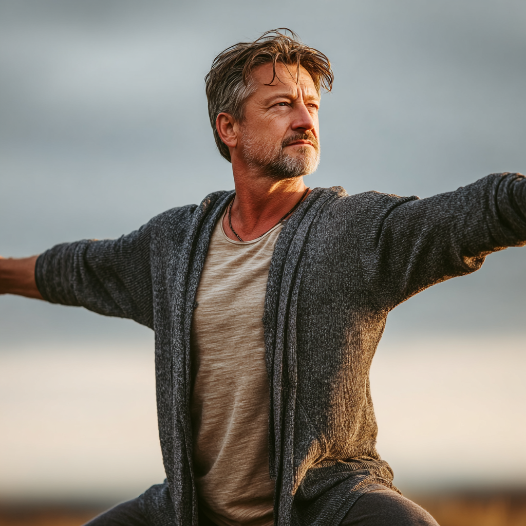 Confident man in his early 50s demonstrating yoga warrior pose outdoors, wearing casual yoga clothing, showing strength and balance with focused expression, representing mature wellness journey